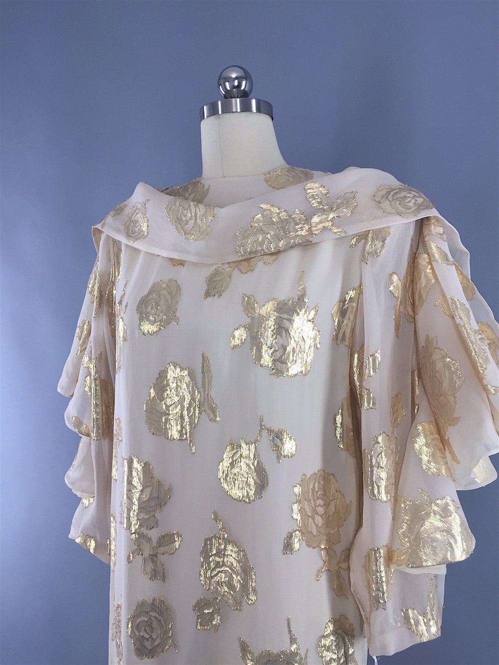 1970s - 1980s Vintage HANAE MORI Designer Dress in Ivory Chiffon with Gold Roses - ThisBlueBird