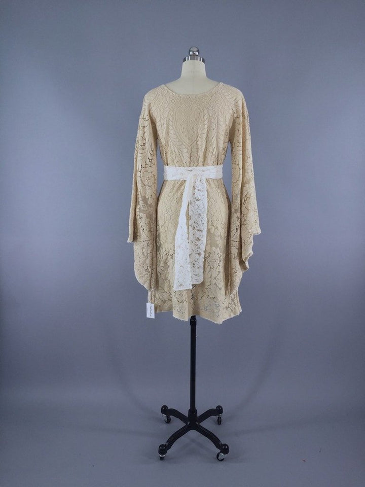 1970s Vintage Crochet Lace Bohemian Wedding Dress - ThisBlueBird