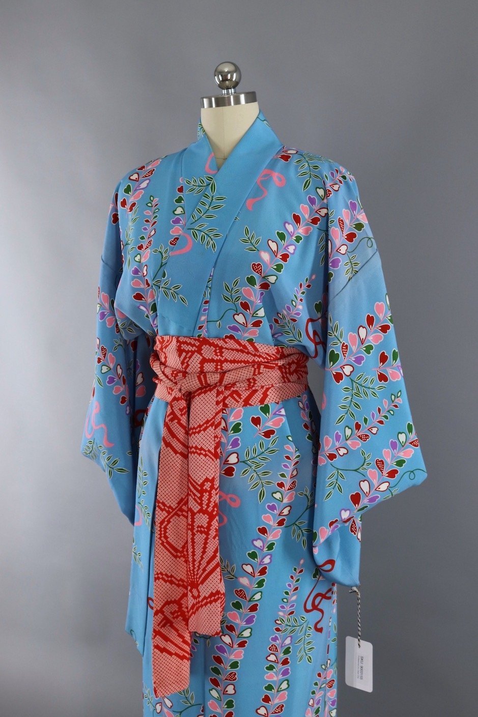 1970s Silk Kimono Robe / Blue & Pink Floral Print - ThisBlueBird