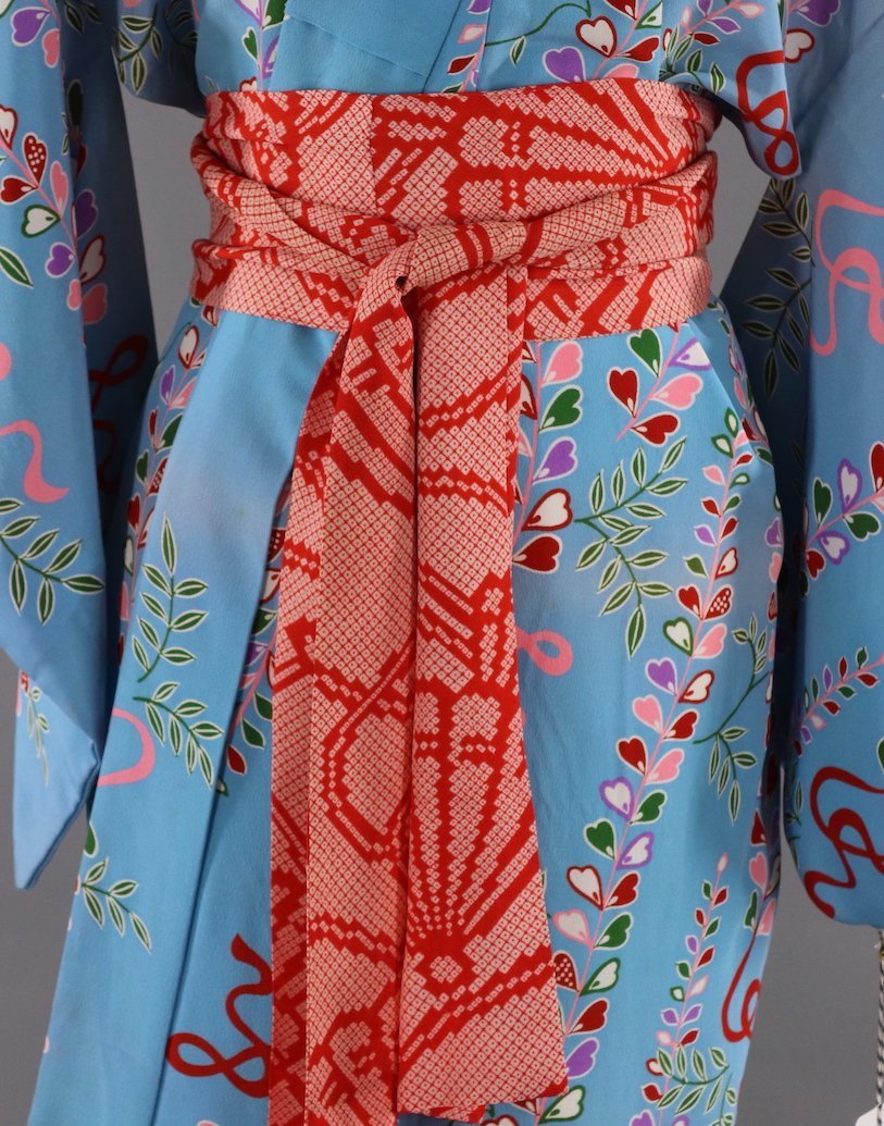 1970s Silk Kimono Robe / Blue & Pink Floral Print - ThisBlueBird