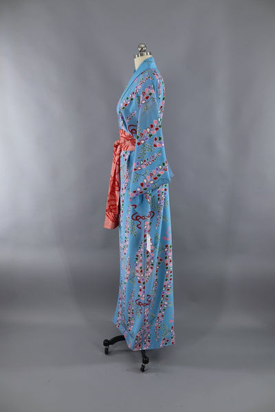 1970s Silk Kimono Robe / Blue & Pink Floral Print - ThisBlueBird