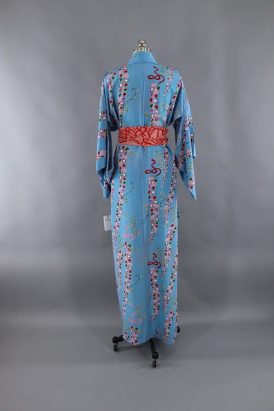 1970s Silk Kimono Robe / Blue & Pink Floral Print - ThisBlueBird