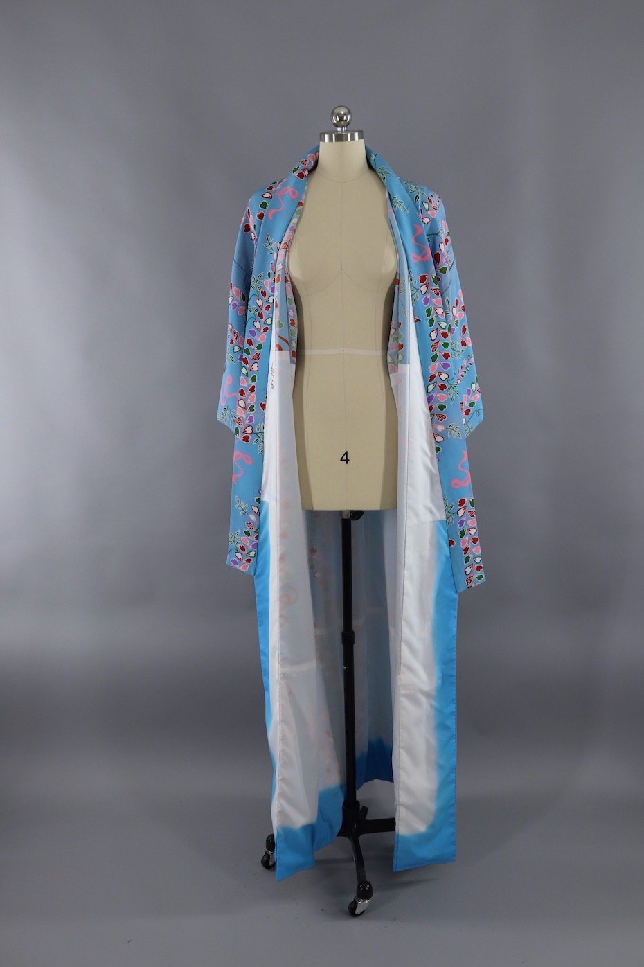 1970s Silk Kimono Robe / Blue & Pink Floral Print - ThisBlueBird