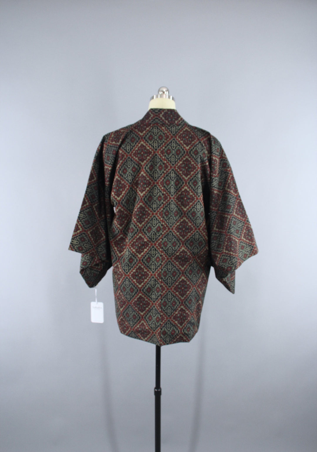 1970s Vintage Haori Kimono Jacket in Black &amp; Red Ikat - ThisBlueBird