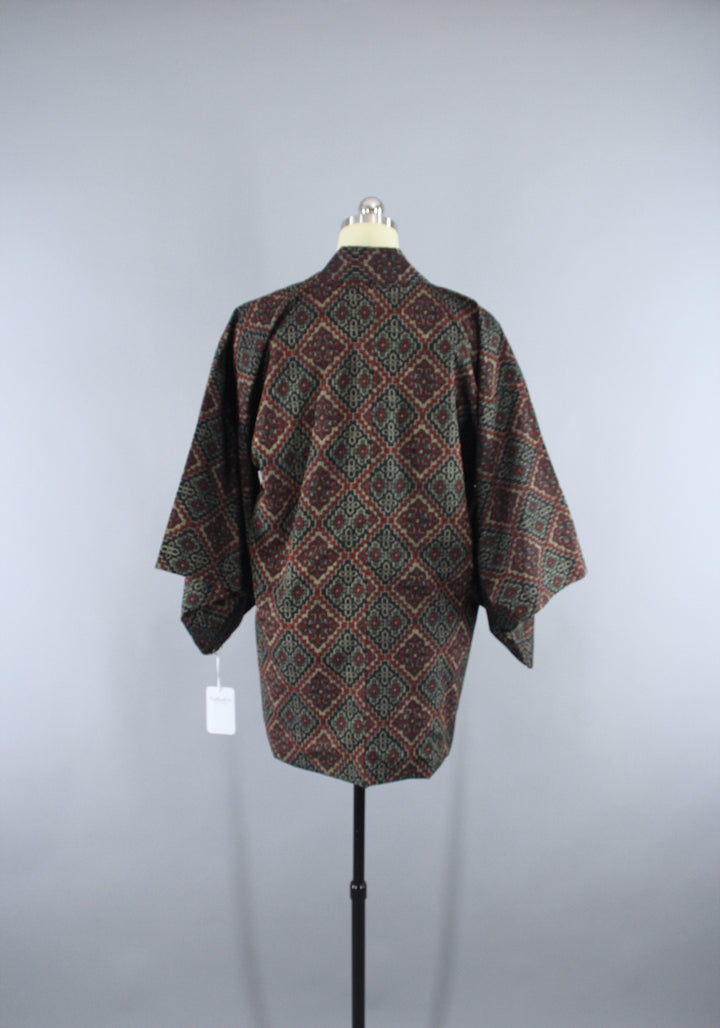 1970s Vintage Haori Kimono Jacket in Black &amp; Red Ikat - ThisBlueBird
