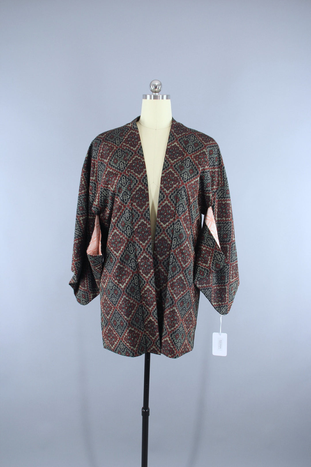 1970s Vintage Haori Kimono Jacket in Black &amp; Red Ikat - ThisBlueBird