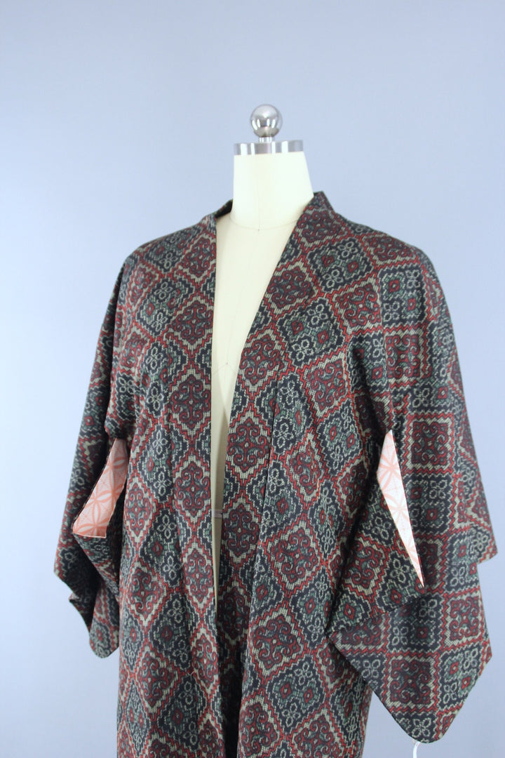 1970s Vintage Haori Kimono Jacket in Black &amp; Red Ikat - ThisBlueBird