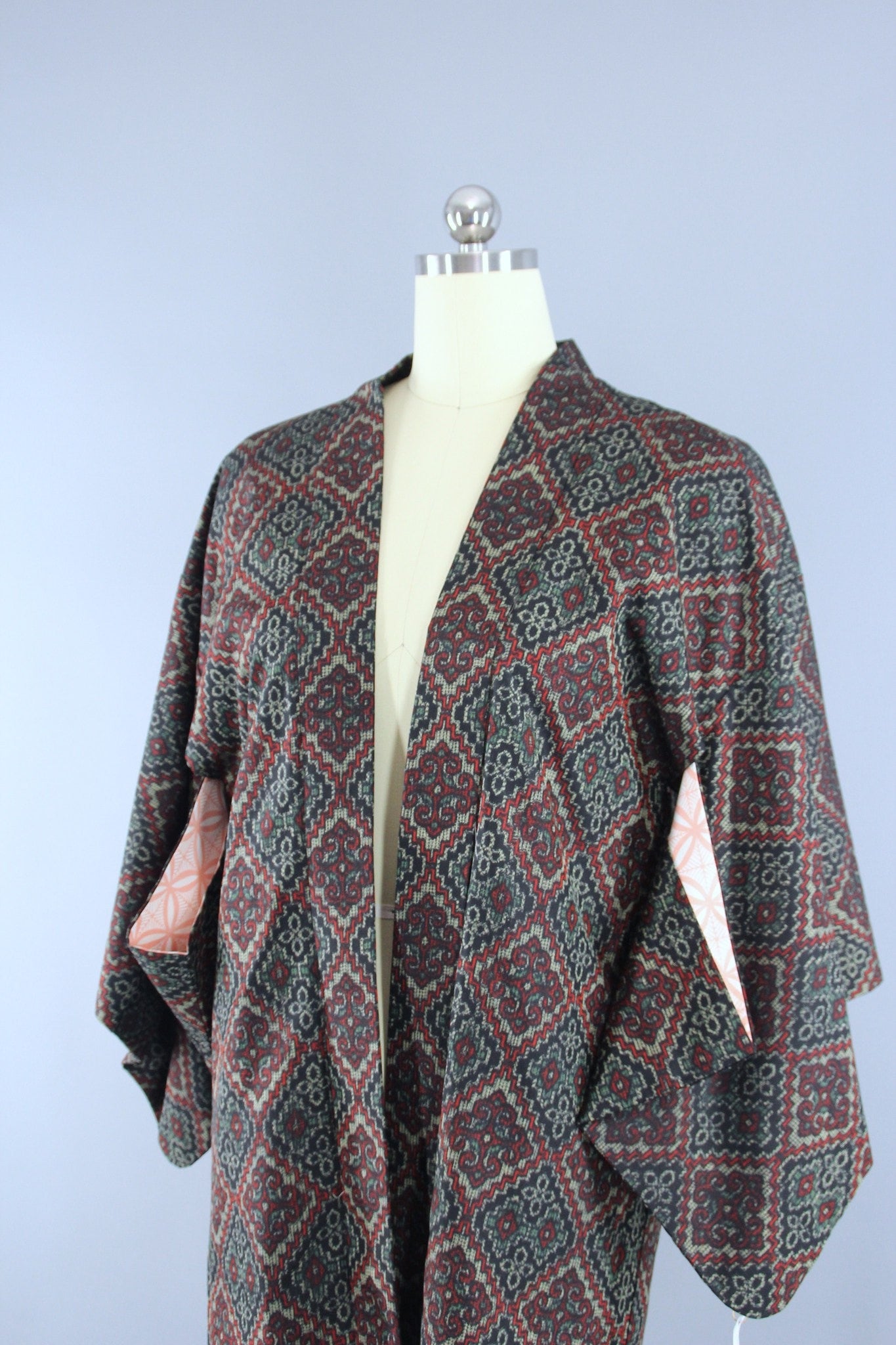 1970s Vintage Haori Kimono Jacket in Black & Red Ikat - ThisBlueBird