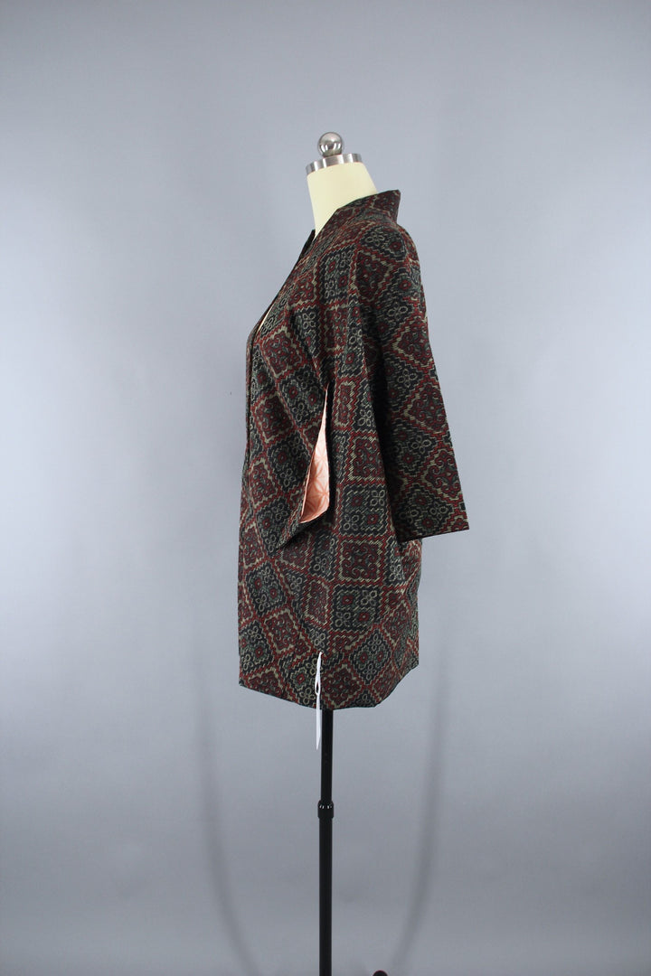 1970s Vintage Haori Kimono Jacket in Black &amp; Red Ikat - ThisBlueBird
