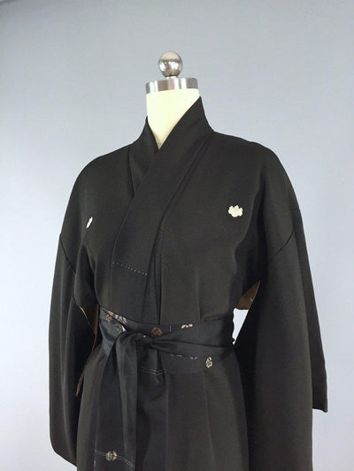 1970s Vintage Black Kimono Tomesode / Bamboo Embroidery - ThisBlueBird