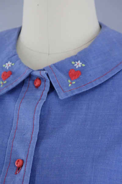 1970s Vintage Chambray Denim Embroidered Hearts Dress - ThisBlueBird