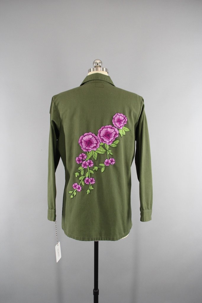 1970s Vintage Embroidered US Army Jacket with Purple Floral Embroidery - ThisBlueBird