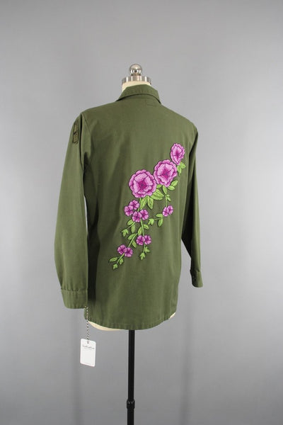 1970s Vintage Embroidered US Army Jacket with Purple Floral Embroidery - ThisBlueBird