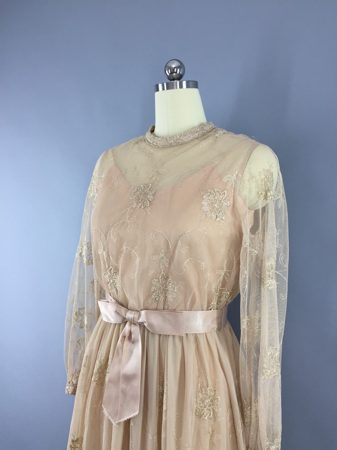1970s Vintage Gold Lace Embroidered Maxi Dress - ThisBlueBird