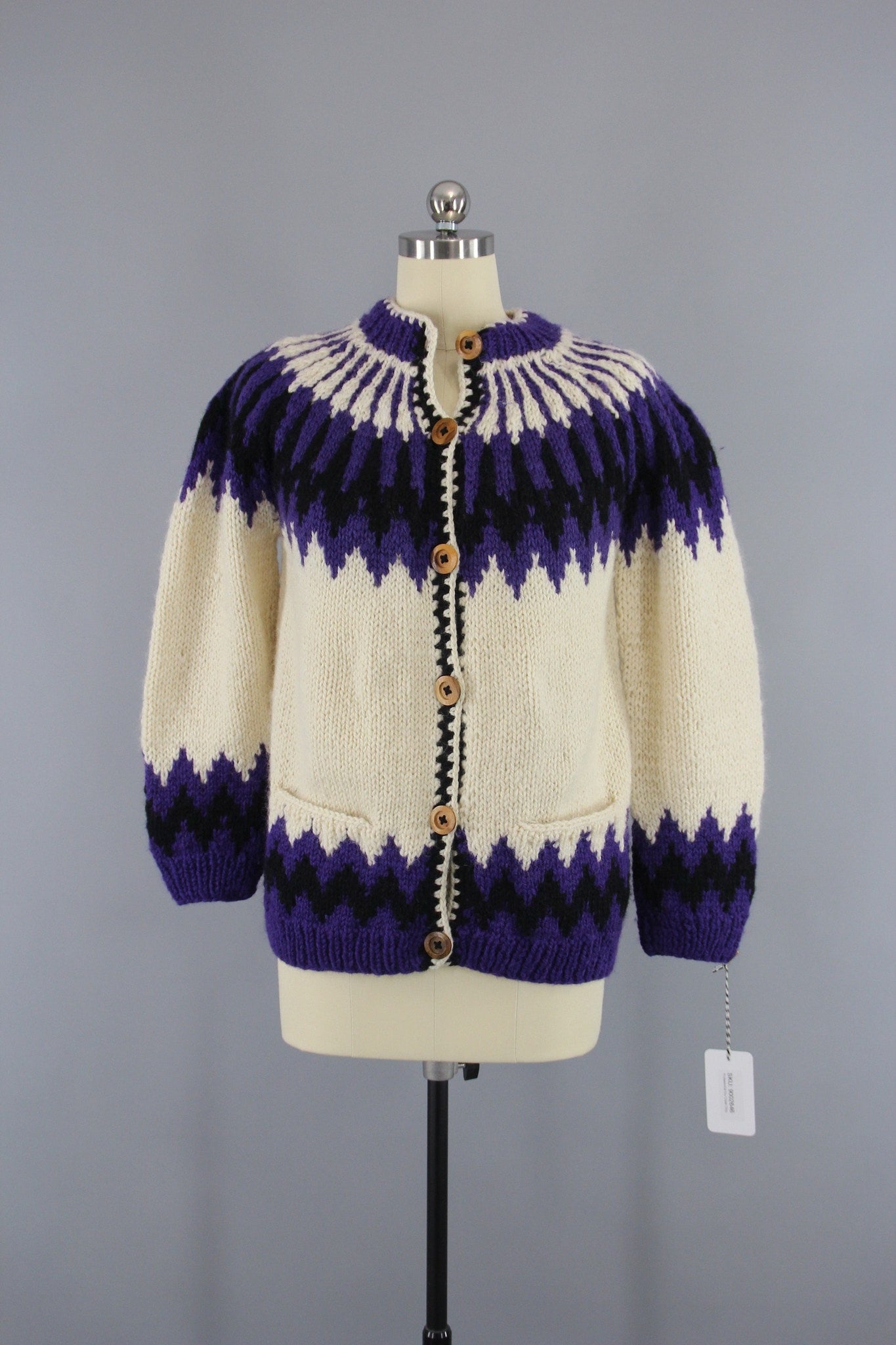1970s Vintage Greek Ivory & Purple Wool Cardigan Sweater - ThisBlueBird