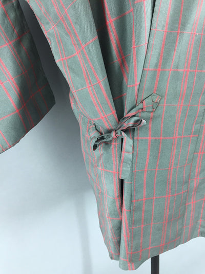 1970s Vintage Haori Kimono Jacket Coat Douchugi in Grey Plaid - ThisBlueBird