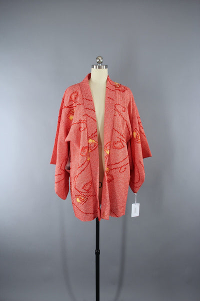 1970s Vintage Haori Kimono Jacket in Red Orange Shibori Print - ThisBlueBird