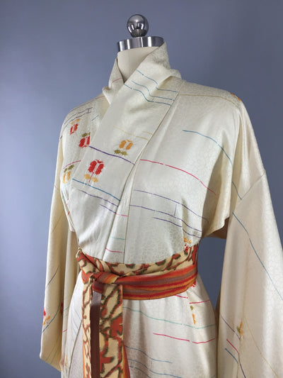 1970s Vintage Ivory and Orange Floral Print Silk Kimono Robe - ThisBlueBird