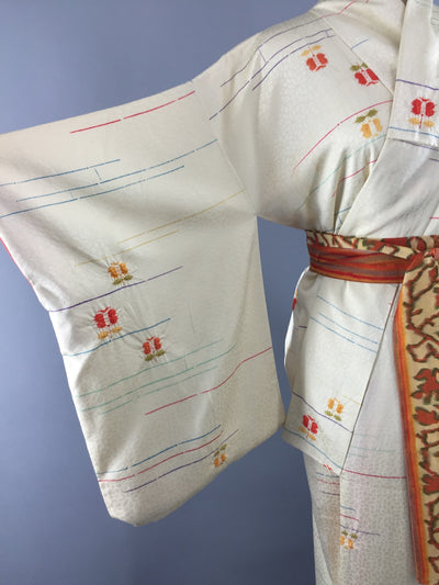 1970s Vintage Ivory and Orange Floral Print Silk Kimono Robe - ThisBlueBird
