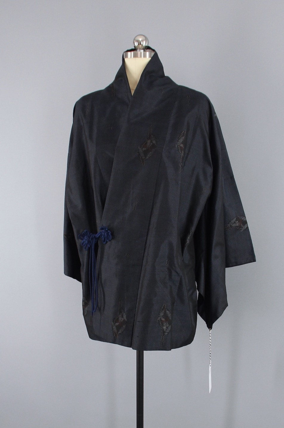 1970s Vintage Kimono Jacket Wrap Coat Douchugi / Blue & Black Print - ThisBlueBird