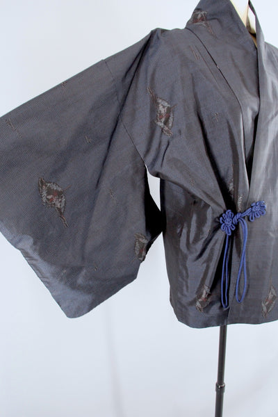 1970s Vintage Kimono Jacket Wrap Coat Douchugi / Blue & Black Print - ThisBlueBird