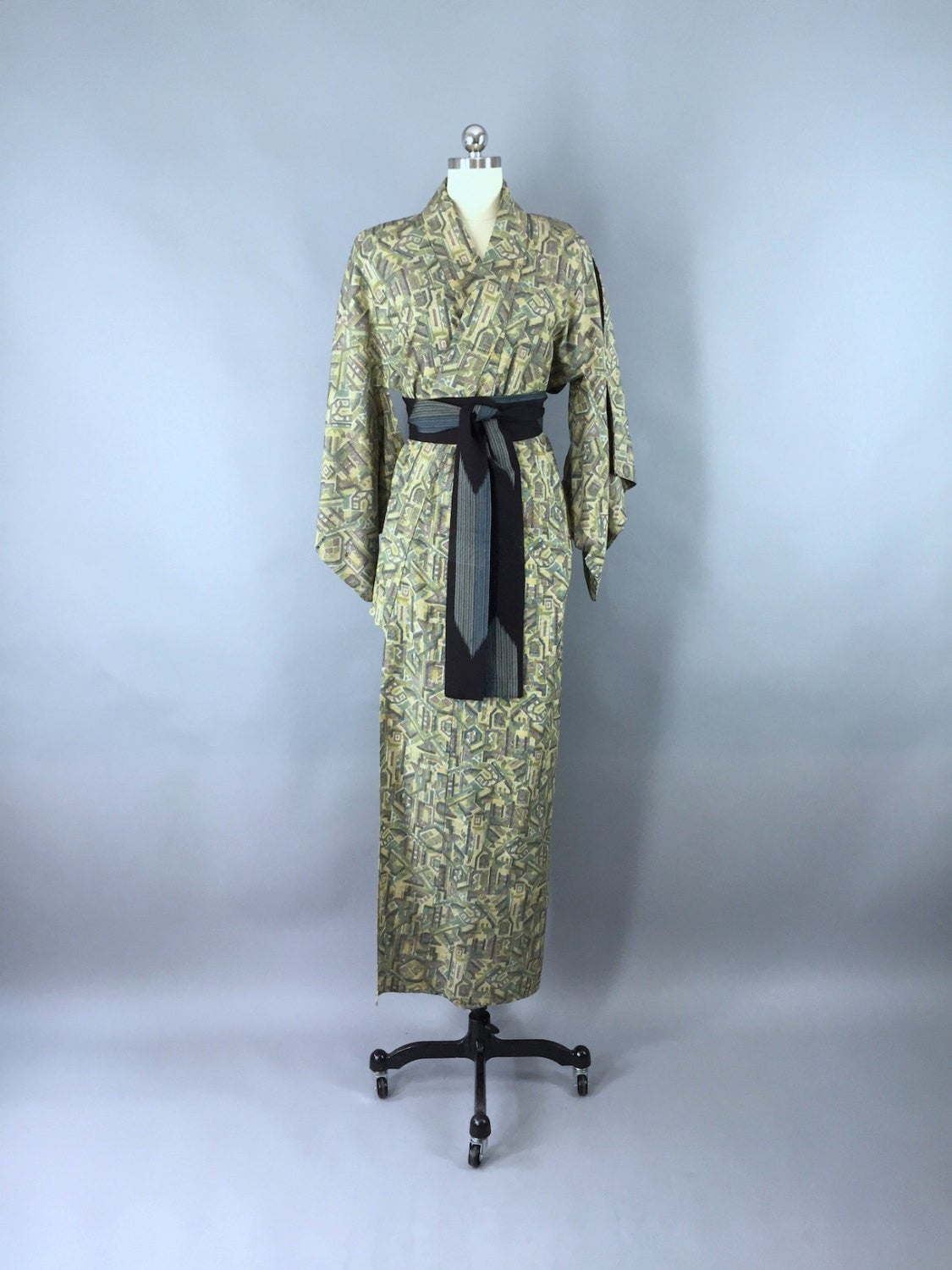 1970s Vintage Kimono Robe / Green & Yellow Abstract - ThisBlueBird