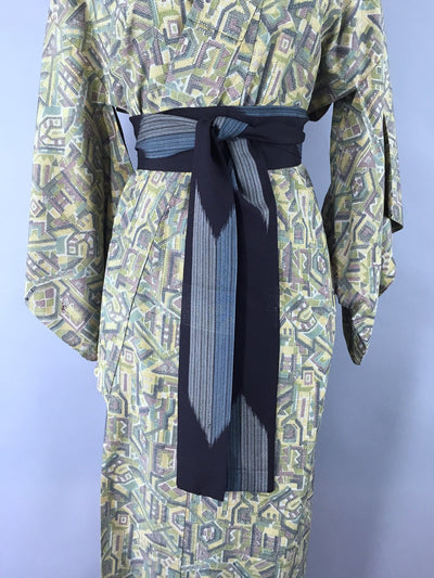 1970s Vintage Kimono Robe / Green & Yellow Abstract - ThisBlueBird
