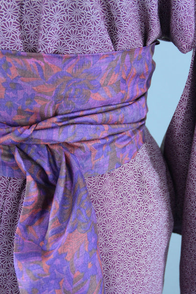 1970s Vintage Kimono Robe in Purple and White Tiny Floral Print - ThisBlueBird