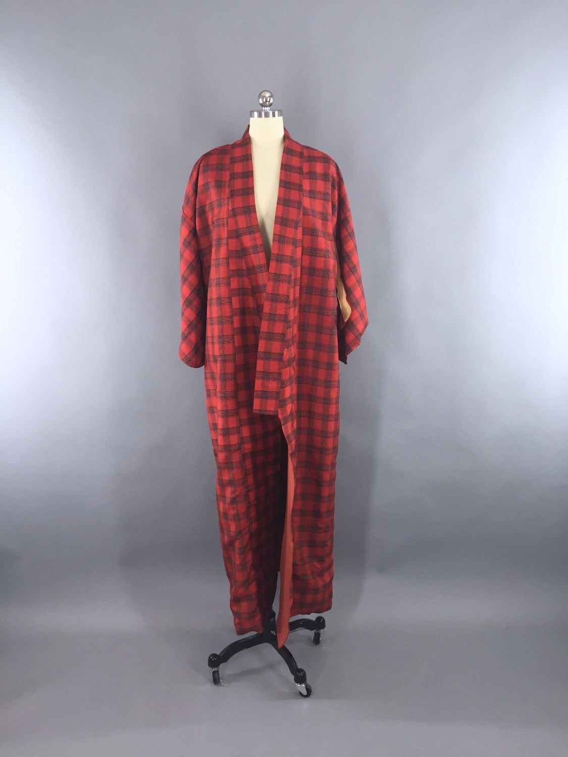 1970s Vintage Kimono Robe / Red Plaid Robe - ThisBlueBird