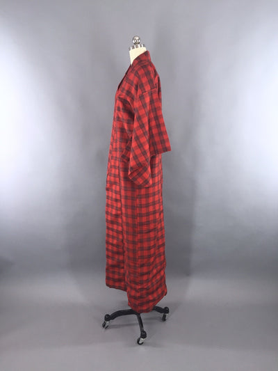1970s Vintage Kimono Robe / Red Plaid Robe - ThisBlueBird