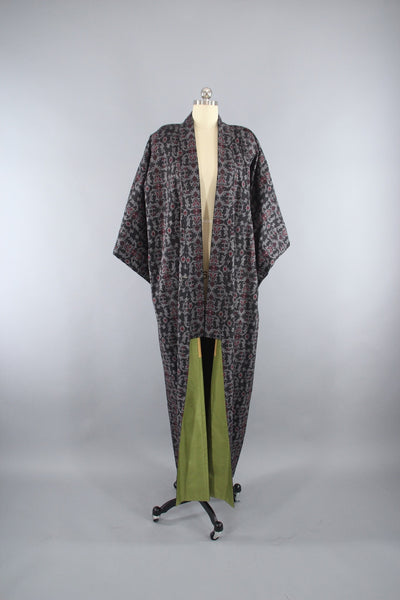 1970s Vintage Kimono Robe with Black & Red Dotted Pattern - ThisBlueBird