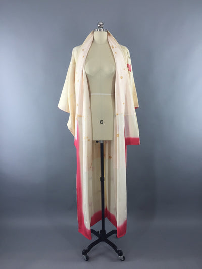1970s Vintage Kimono Robe with Ivory and Pink Leaves Floral Print - ThisBlueBird