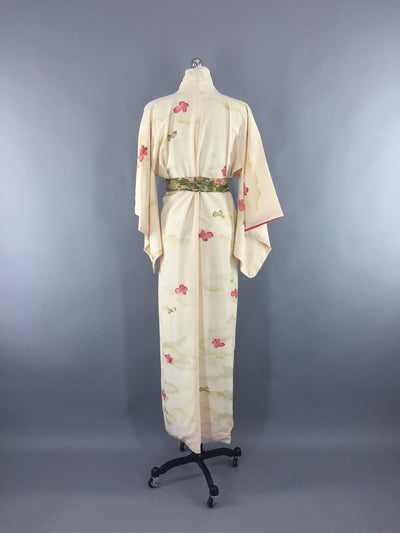 1970s Vintage Kimono Robe with Ivory and Pink Leaves Floral Print - ThisBlueBird