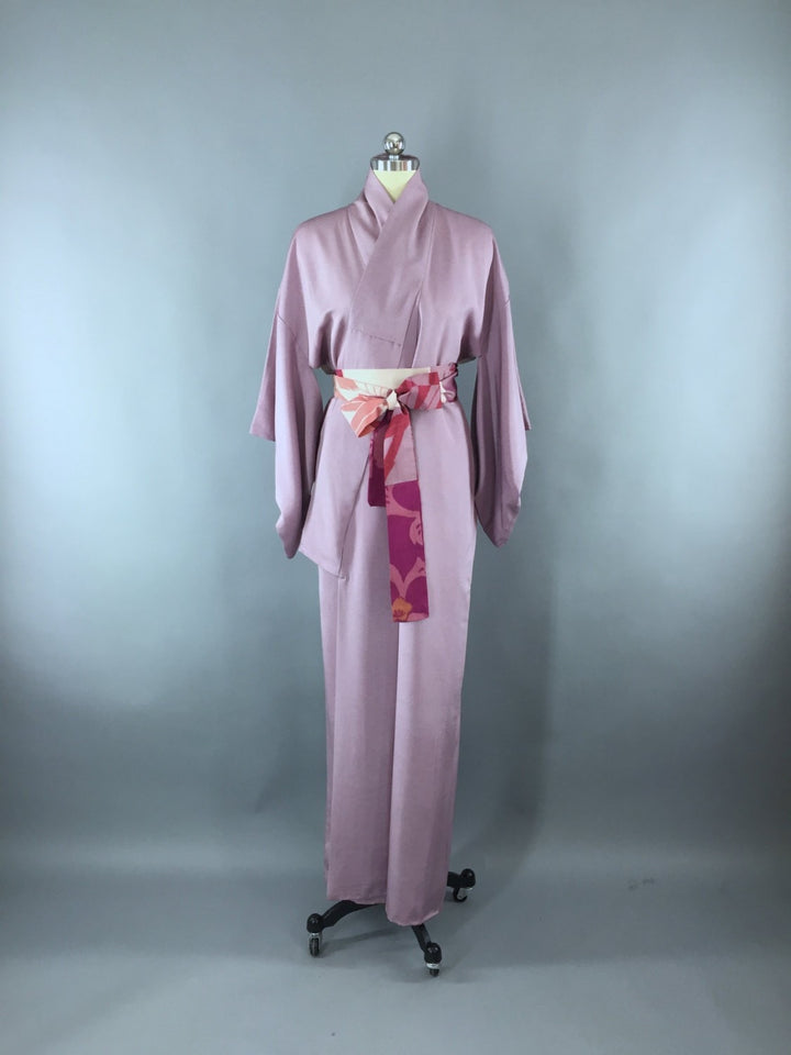 1970s Vintage Kimono Robe with Lavender Purple Floral Print - ThisBlueBird