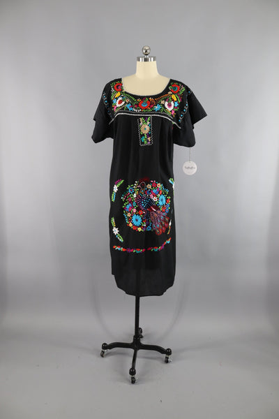 1970s Vintage Mexican Oaxacan Embroidered Caftan Dress / Black Floral Peacock Birds-ThisBlueBird - Modern Vintage