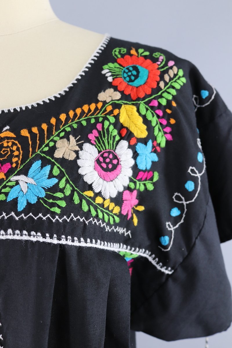 1970s Vintage Mexican Oaxacan Embroidered Caftan Dress / Black Floral Peacock Birds-ThisBlueBird - Modern Vintage