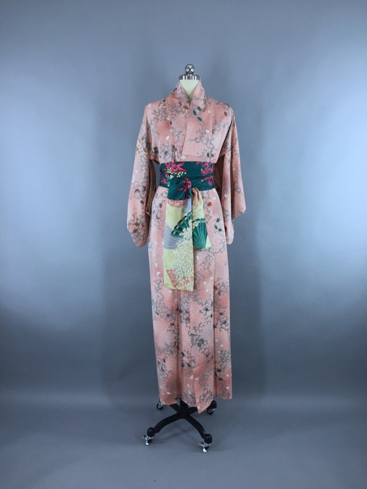 1970s Vintage Pink and Green Floral Print Kimono Robe - ThisBlueBird