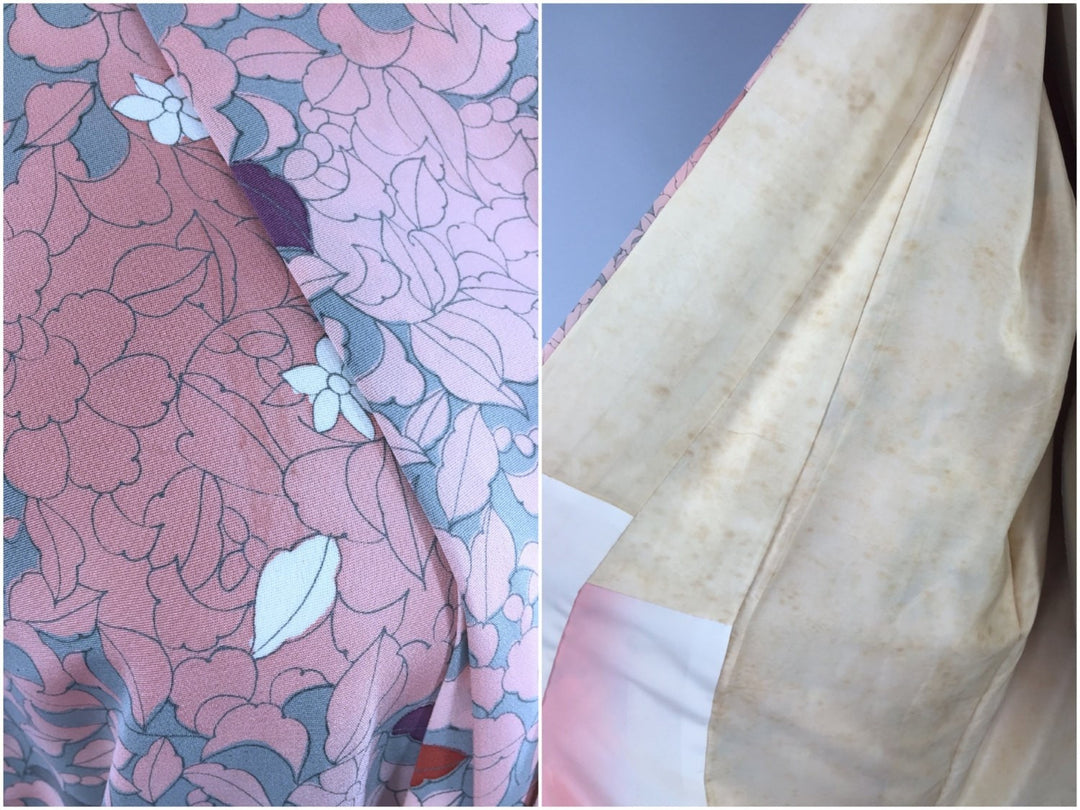 1970s Vintage Pink and Green Floral Print Kimono Robe - ThisBlueBird