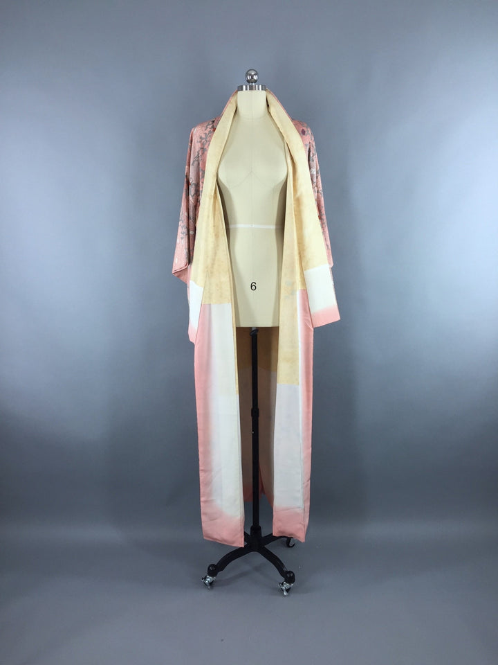 1970s Vintage Pink and Green Floral Print Kimono Robe - ThisBlueBird