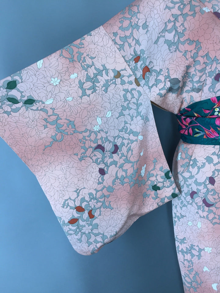 1970s Vintage Pink and Green Floral Print Kimono Robe - ThisBlueBird