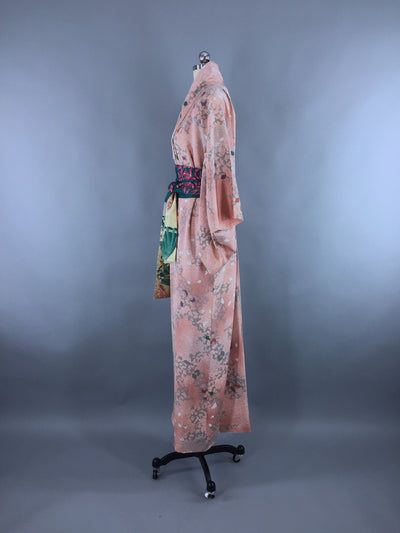 1970s Vintage Pink and Green Floral Print Kimono Robe - ThisBlueBird