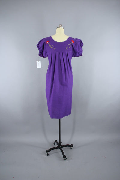 1970s Vintage Purple Mexican Oaxacan Embroidered Huipil Caftan Dress - ThisBlueBird
