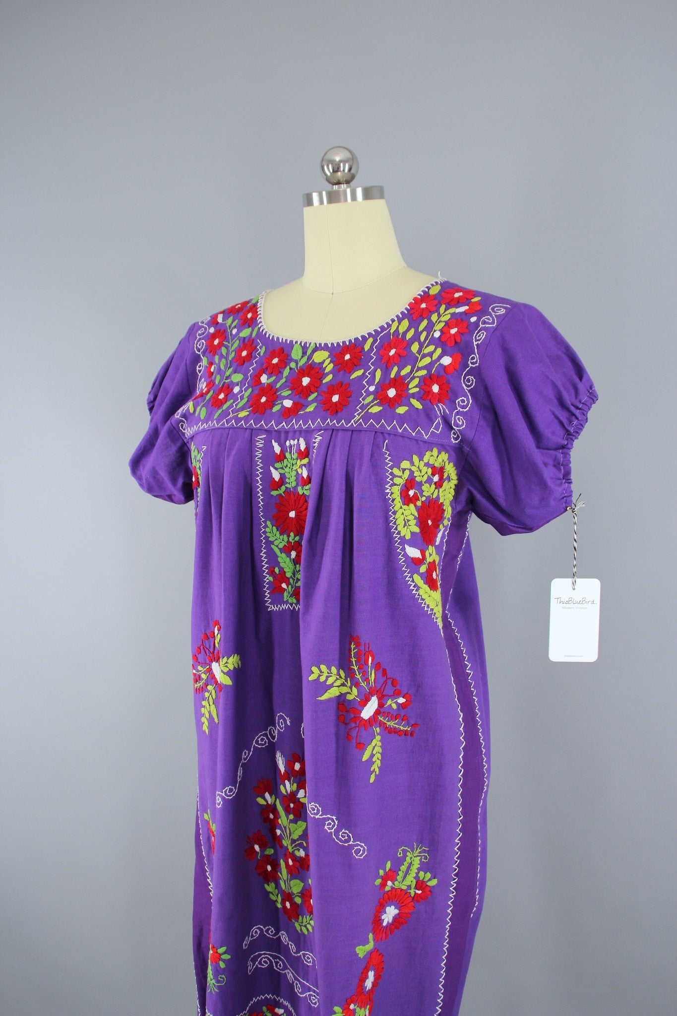 1970s Vintage Purple Mexican Oaxacan Embroidered Huipil Caftan Dress - ThisBlueBird