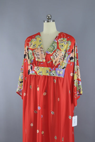 1970s Vintage Red Asian Lanterns Caftan Dress - ThisBlueBird