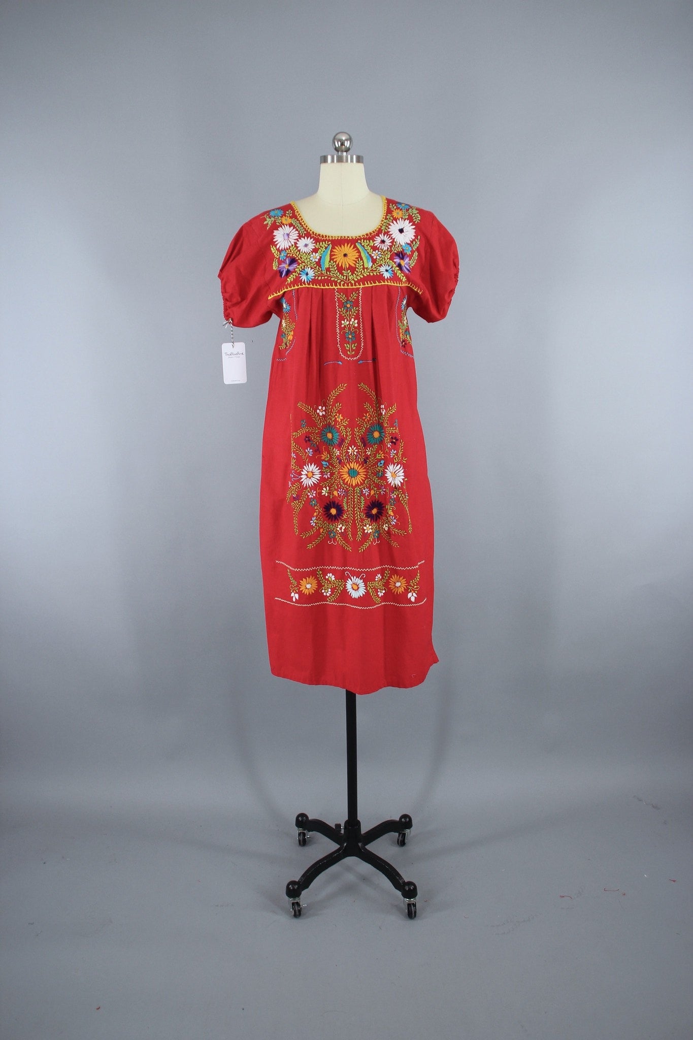 1970s Vintage Red Mexican Oaxacan Embroidered Huipil Caftan Dress - ThisBlueBird