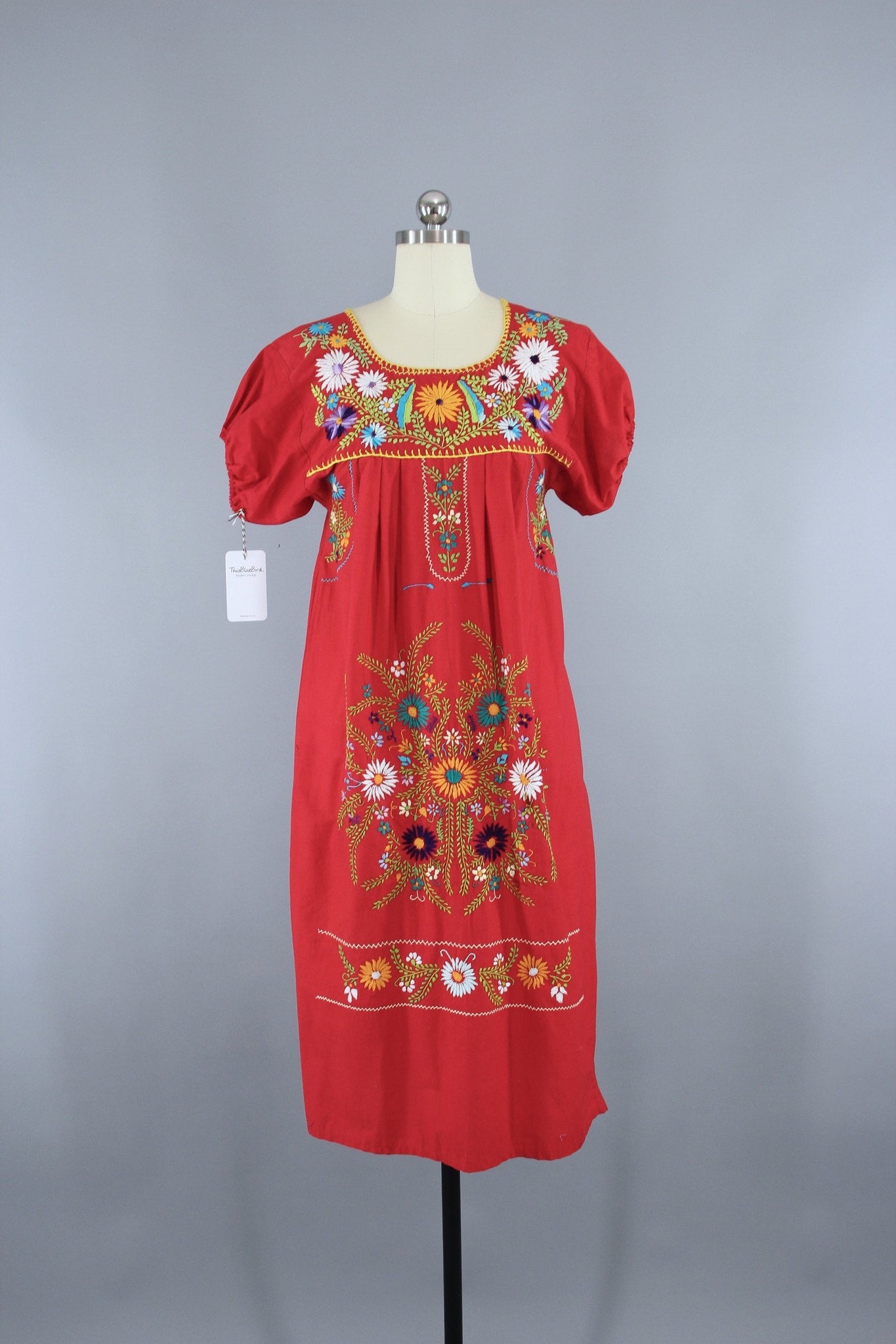 1970s Vintage Red Mexican Oaxacan Embroidered Huipil Caftan Dress - ThisBlueBird