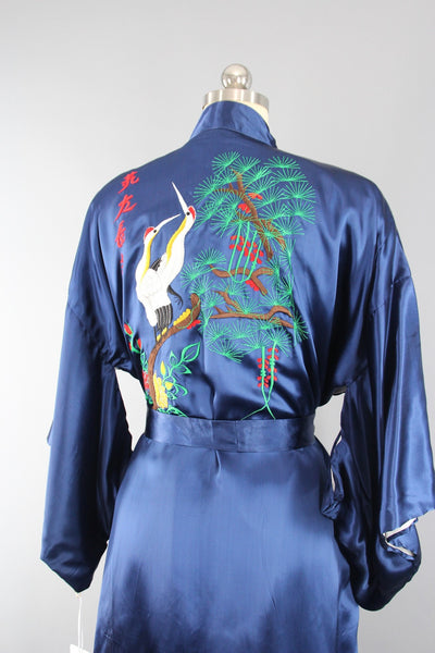 1970s Vintage Satin Kimono Robe with Embroidered Asian Crane Birds - ThisBlueBird
