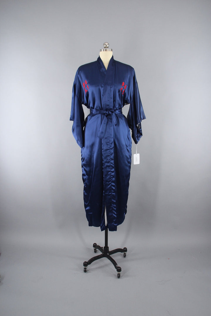 1970s Vintage Satin Kimono Robe with Embroidered Asian Crane Birds - ThisBlueBird