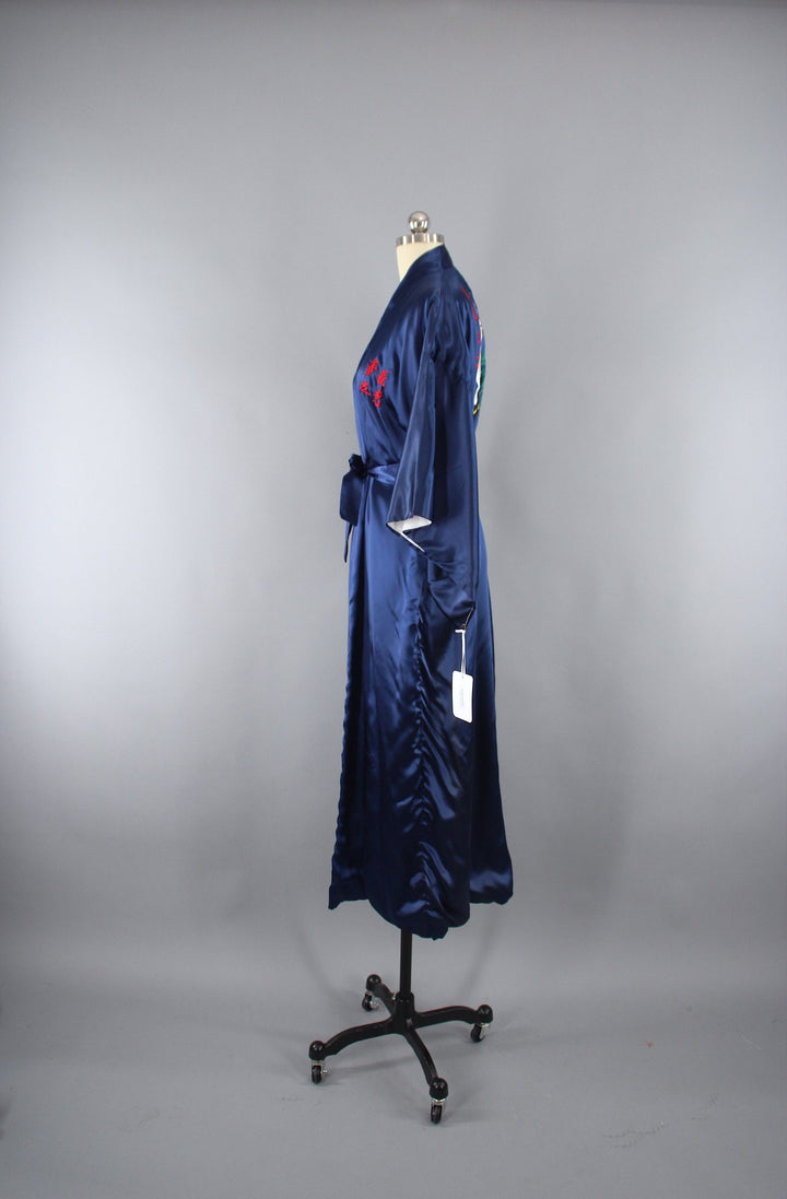 1970s Vintage Satin Kimono Robe with Embroidered Asian Crane Birds - ThisBlueBird