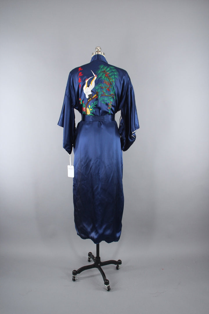 1970s Vintage Satin Kimono Robe with Embroidered Asian Crane Birds - ThisBlueBird